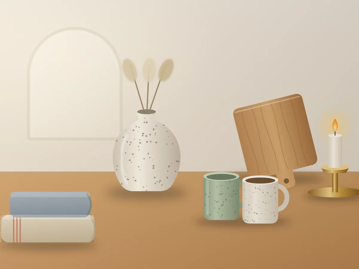Styled product photo: speckled vase, oak board, mugs, candle and folded linen on a table